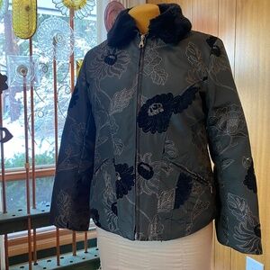 Y.B.C. Black/Dk Gray Down Puffer Jacket embroidered with pink flowers size M